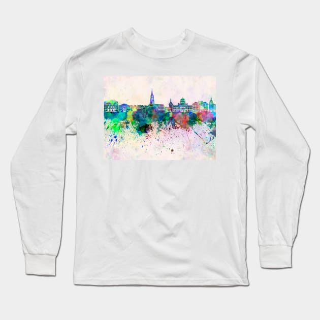 Bern skyline in watercolor background Long Sleeve T-Shirt by PaulrommerArt